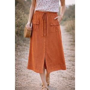 Women’s Terracotta Button-Front Utility Midi Skirt with Pockets and Tie Waist